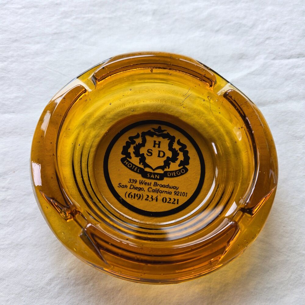 Vintage Hotel San Diego Amber Glass Advertising Ashtray Mid-Century Californiana